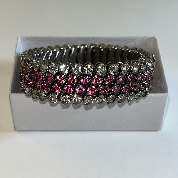 Vintage Bracelet Stretch Crystals Clear And Pink Retro Disco Eye Catching - Picture 1 of 6